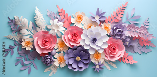 Beautiful paper flowers in pastel color palette. Paper art botanical background. photo