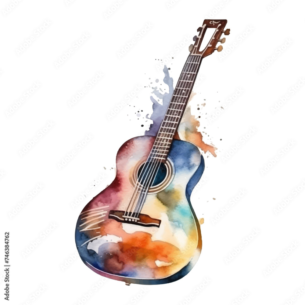 Watercolor acoustic guitar on white background