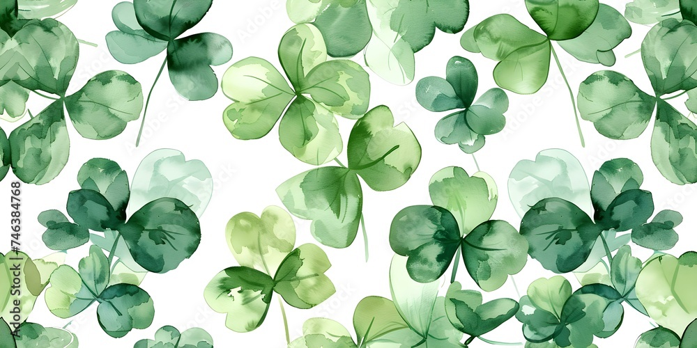 St Patrick's Day Watercolor Pattern: Green Clovers on White Background. Concept St Patrick's Day, Watercolor Pattern, Green Clovers, White Background