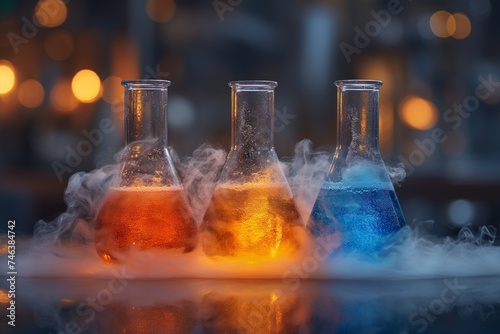 Three colorful lab flasks emit smoke, showcasing a vibrant chemical reaction under dim photo