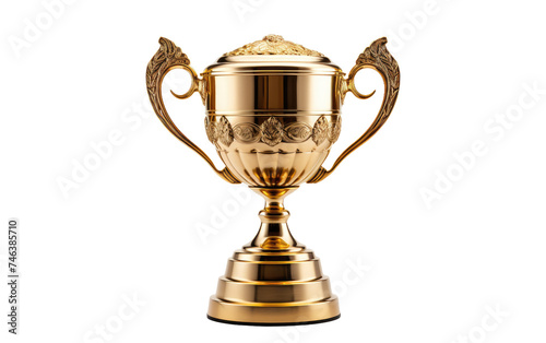 A close up photo of a gold trophy set. The trophy gleams with its intricate detailing and elegant design, symbolizing achievement and victory. on a White or Clear Surface PNG Transparent Background.