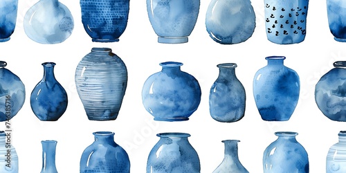 Cozy blue watercolor design featuring handdrawn ceramic vases in seamless pattern seamless background. Concept Watercolor Vases, Cozy Design, Blue Theme, Seamless Pattern, Handdrawn Art photo