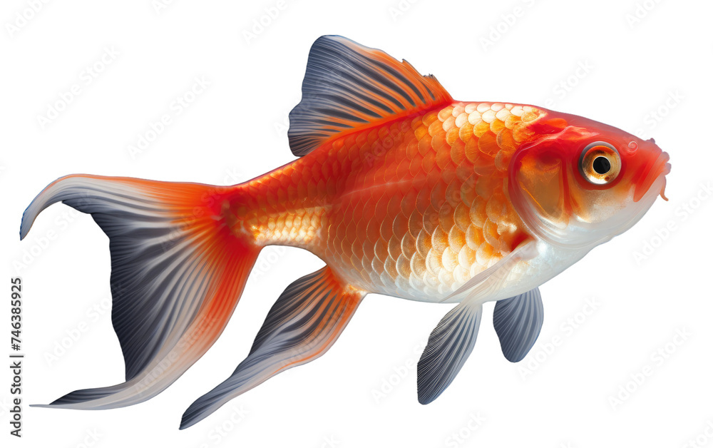 Orange and White Fish Swimming in a Pond. An orange and white fish is swimming in a pond, gracefully moving through the water. on a White or Clear Surface PNG Transparent Background.