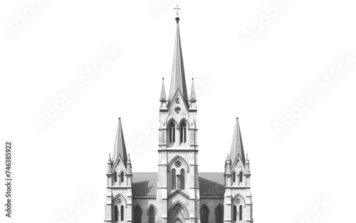 Black and White Photo of a Church. The church stands prominently showcasing its Gothic design. on a White or Clear Surface PNG Transparent Background.