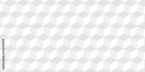 Fototapeta Naklejka Na Ścianę i Meble -  	
Minimal modern cubes geometric tile and mosaic wall grid backdrop hexagon technology transparent wallpaper background. White and gray block cube structure backdrop grid triangle texture vintage desi