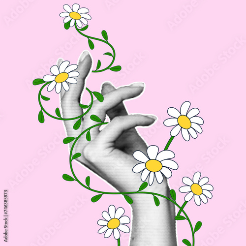 A woman's hand with a halftone effect entwined with daisies in retro linear style. Modern spring illustration in retro collage style.