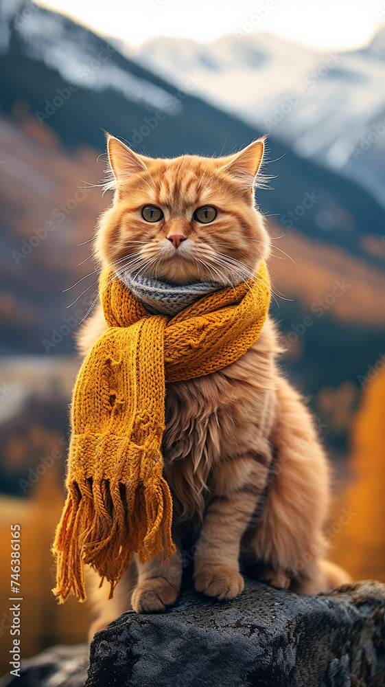 vertical autumn view, cute cat in autumn clothes on a landscape background, autumn joke funny picture - obrazy, fototapety, plakaty 