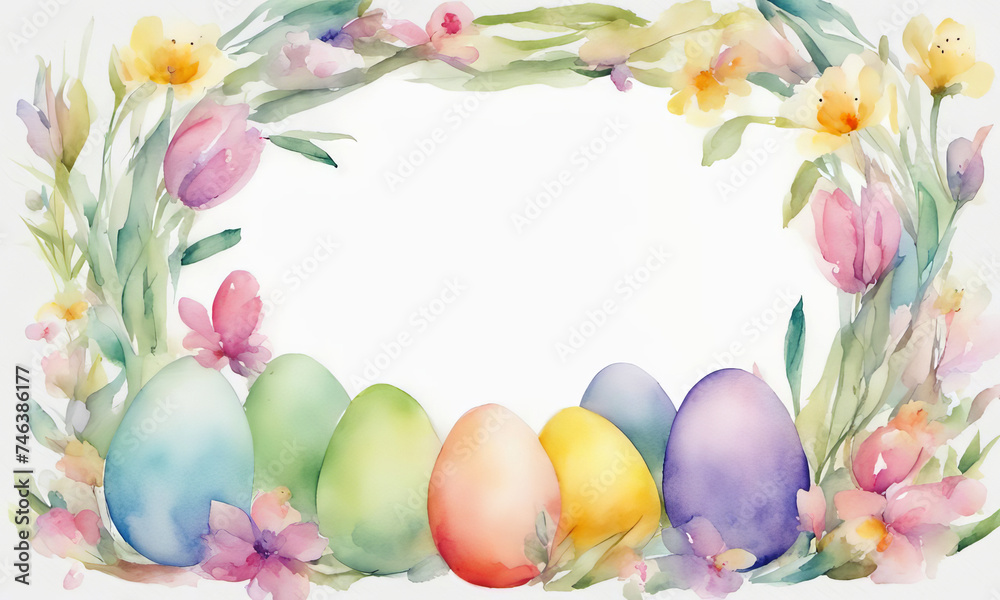 Easter eggs and spring flowers on white background. Watercolor style illustration frame
