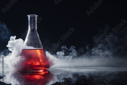 A conical flask filled with a glowing red liquid is emitting smoke on a reflective surface photo
