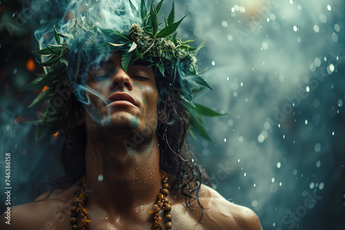 young bearded caucasian hippie man smoking marijuana and flower wreath in his hair, with marijuana plants