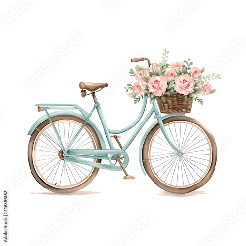 beautiful elegant minimal design of bicycle for women with pastel flowers in the front basket, watercolour