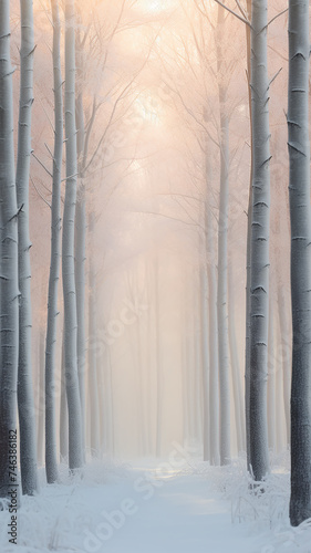 vertical background landscape in a winter forest, tall tree trunks entrance to the alley in the morning frosty white fog