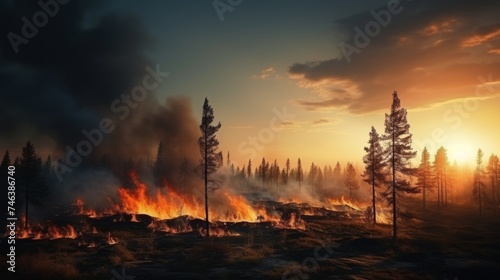 Forest fire disaster. large-scale blaze devastating woodland, wildfire raging through the forest