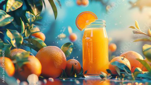 Composition with glass of orange juice . Healthy eating concept. Glass of orange juice orange juice with fresh fruits Summer orange juice drink with ice and orange fruit  