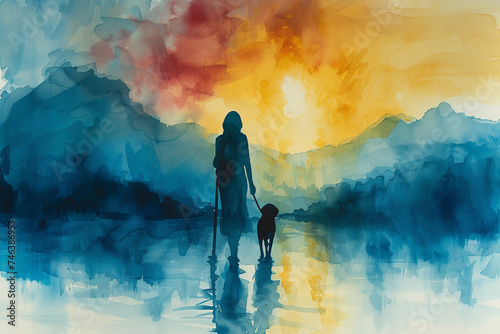 watercolor painting of blind woman walking with a guide dog and cane, copy space, blue pastel color photo