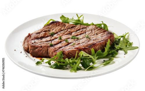 White Plate With Steak A white plate holds a perfectly cooked piece of steak showcasing juicy meat and grill marks. The steak is the focal point on a White or Clear Surface PNG Transparent Background.
