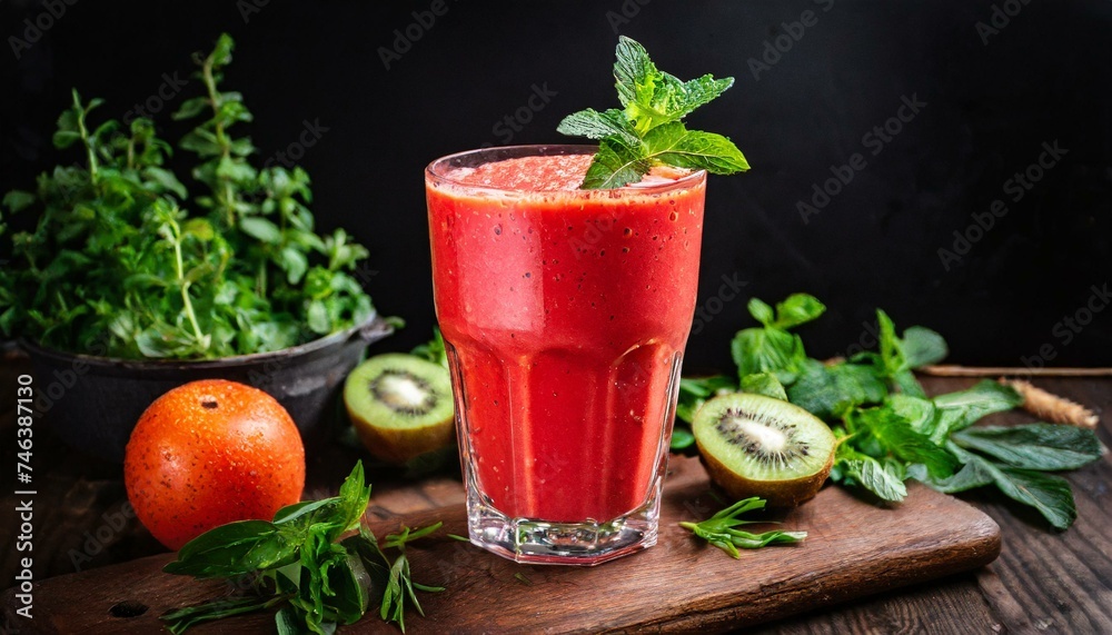Glass of red natural bio smoothie with ingredients on dark background. Tangerine and strawberry Glass of red natural bio smoothie with ingredients on dark background. Tangerine and strawberry