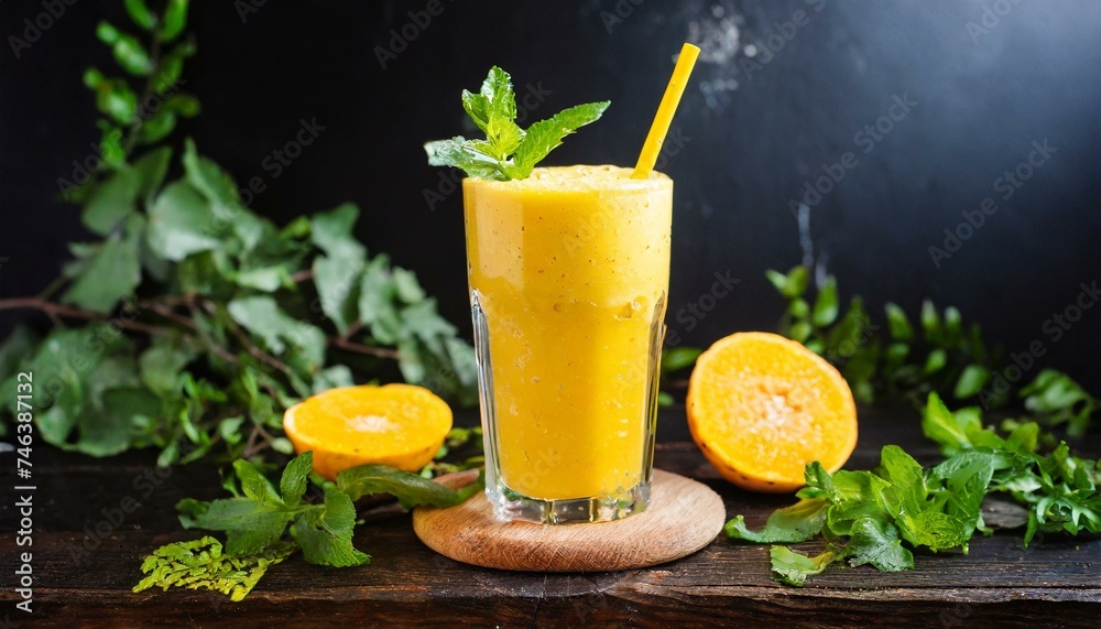 Glass of natural lemon and orange bio smoothie with ingredients on dark background Glass of natural lemon and orange bio smoothie with ingredients on dark background