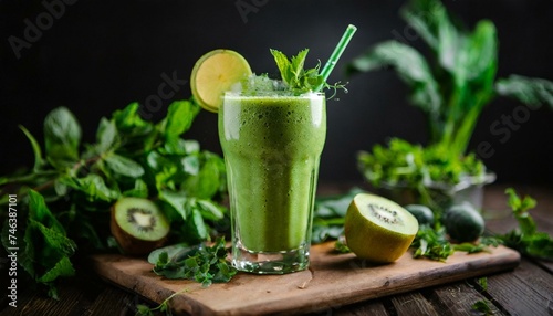 Glass of green natural bio smoothie with ingredients on dark background. Kiwi, avocado, peppermint