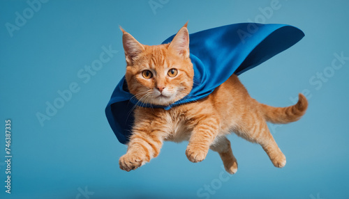 Orange cat hero flying with a cloak. Funny superpowered kitty leader © raul
