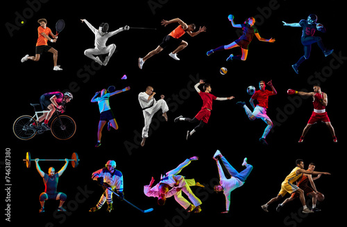 Creative sport collage made of portraits of professional athletes in different kinds of sport training against black studio background. Concept of motion, active lifestyle, achievements, challenges. photo