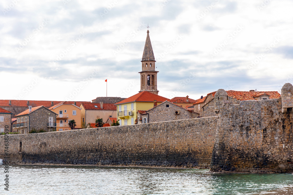 Old city walls of Budva along the Adriatic coast, Montenegro