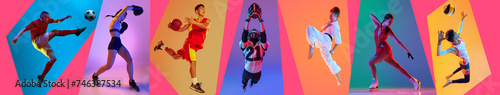 Banner. Collage of football, boxing, martial arts, volleyball and ski athletics in neon light against multicolored studio background. Concept of sport, motion, action, active lifestyle, achievements. photo