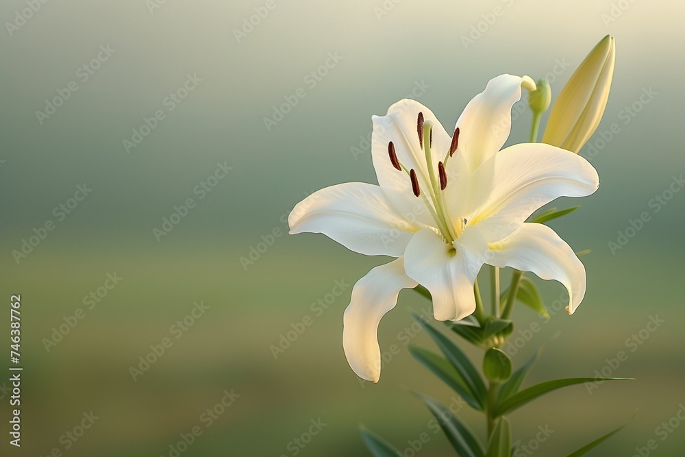 Fototapeta premium A single white lily in full bloom, illuminated by soft morning light against a plain, gently blurred green background.
