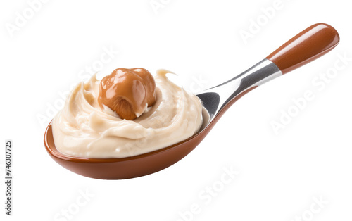Spoon Holding Whipped Cream. A silver spoon is shown holding a generous amount of fluffy whipped cream. on a White or Clear Surface PNG Transparent Background.