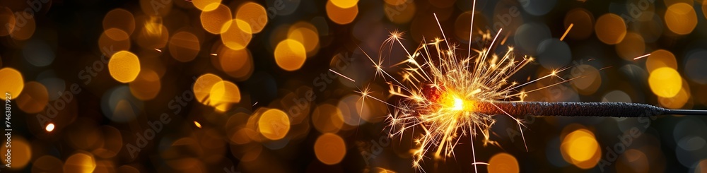 A singular, bright yellow sparkler, its light creating a stark contrast against a backdrop of dark, blurred bokeh lights, capturing the solitary but hopeful spirit of the New Year. A singular, bright yellow sparkler, its light creating a stark contrast against a backdrop of dark, blurred bokeh lights, capturing the solitary but hopeful spirit of the New Year.