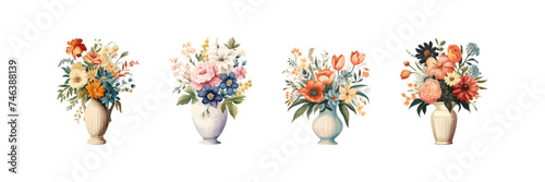 Vase and a bouquet of flowers watercolor set. Vector illustration design.
