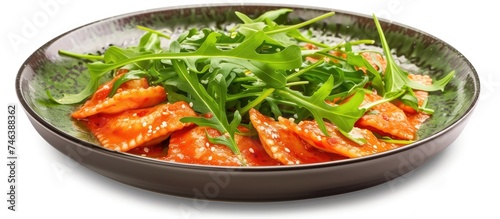 A bowl filled with Italian ravioli in tomato sauce, garnished with fresh arugula, placed on a wooden table.