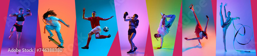 Banner. Sports collage featuring variety of athletes in motion against vibrant multicolored studio background in neon light, filter. Concept of action, active lifestyle, achievements, challenges.