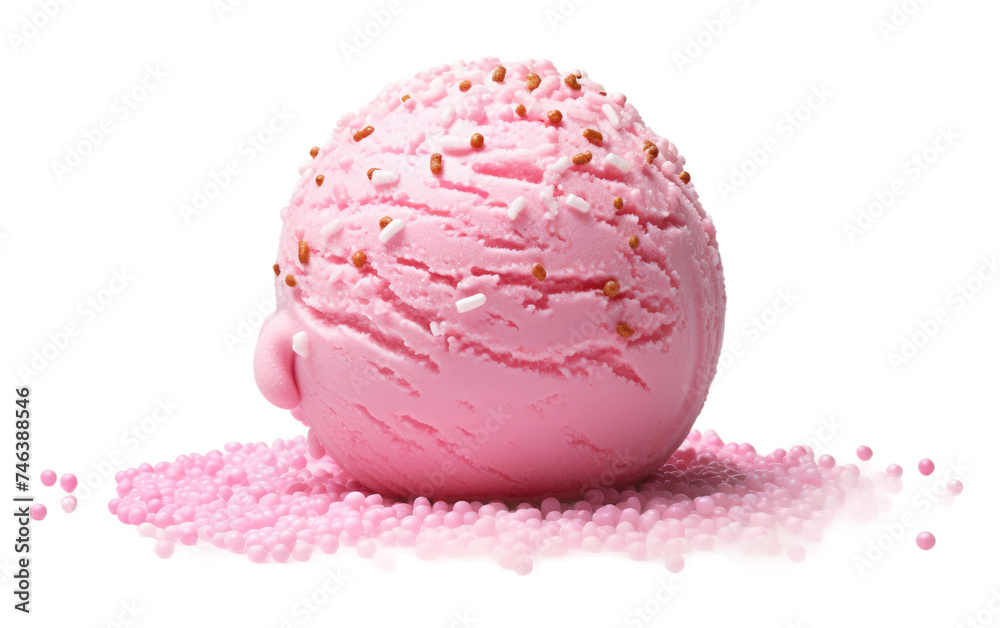 Pink Ice Cream Ball With Sprinkles. A pink ice cream ball covered in colorful sprinkles sits on a plate, ready to be enjoyed. on a White or Clear Surface PNG Transparent Background.