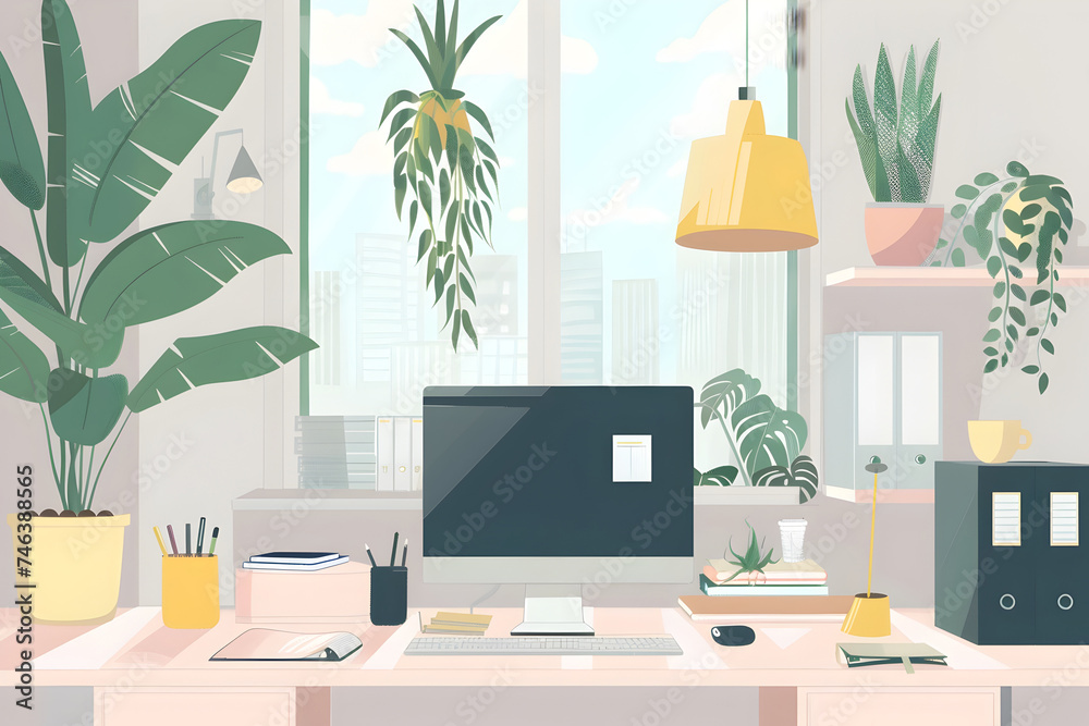 Soft Pastel Office Space with Plants and Computer Soft Pastel Office Space with Plants and Computer