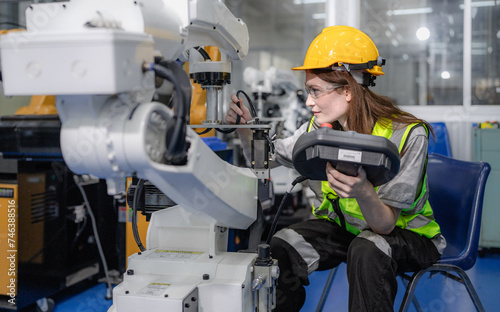 Robot maintenance engineer working on robot arm connection. Smart woman learning training robotic machine engineering in futuristic electronic education academy . Artificial intelligence technician.