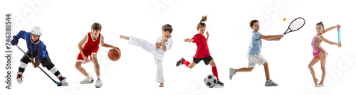 Collage made of portraits of children, diverse group of athletes in action against white studio background. Movement. Concept of sport, motion, active lifestyle, achievements, challenges.