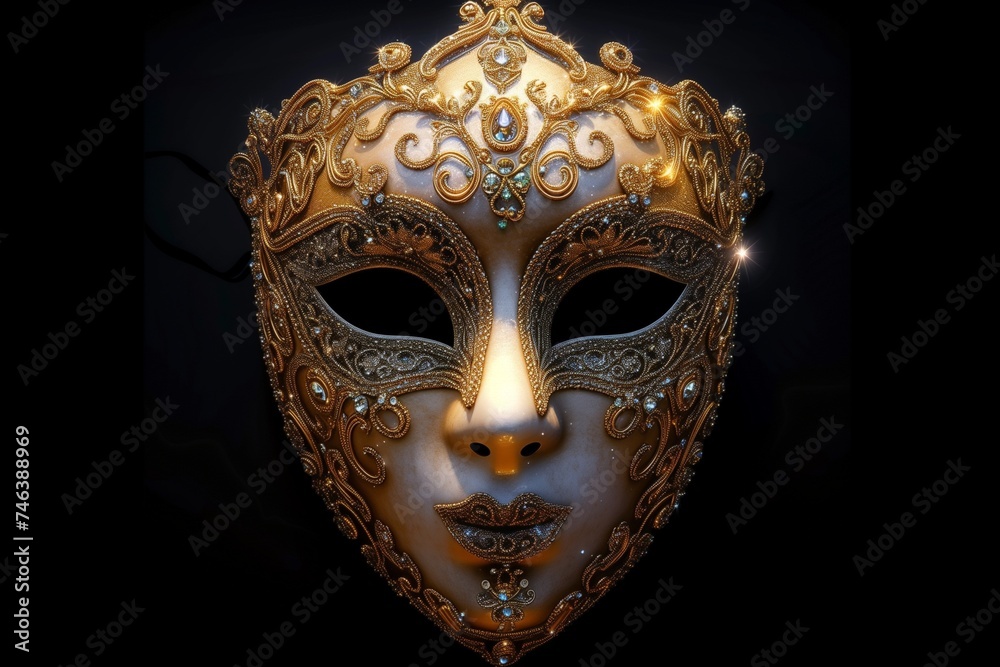 A Venetian carnival mask with intricate gold filigree and sparkling gemstones, set against a stark black background.