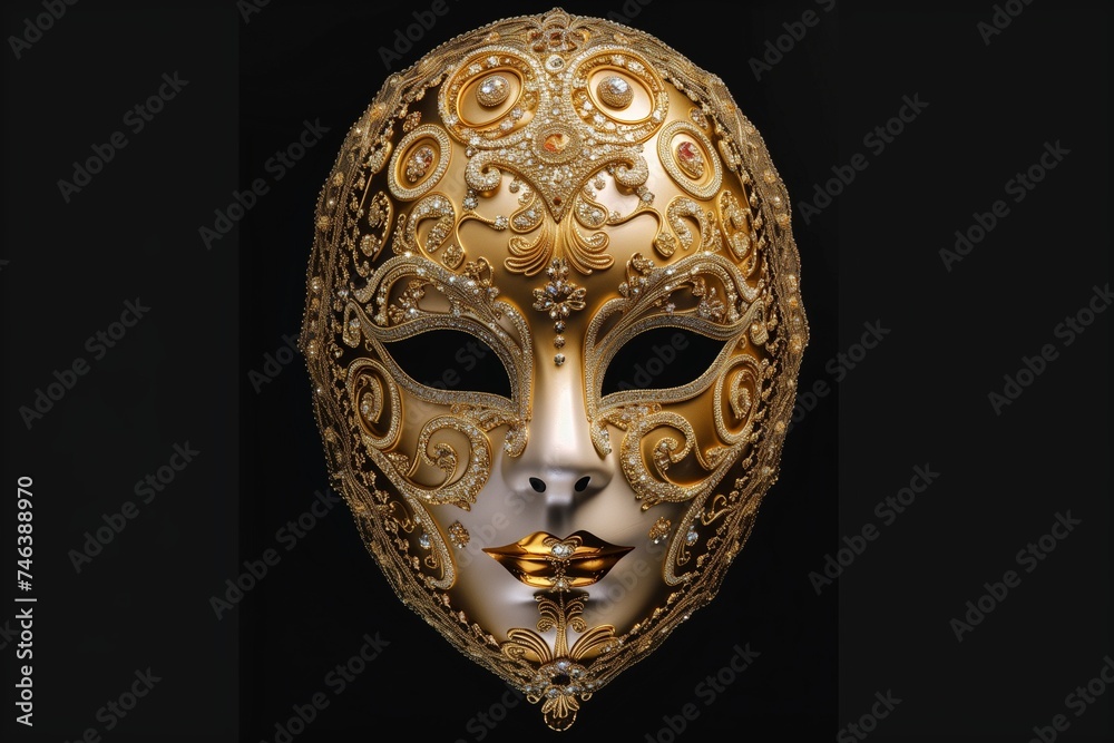 A Venetian carnival mask with intricate gold filigree and sparkling gemstones, set against a stark black background. A Venetian carnival mask with intricate gold filigree and sparkling gemstones, set against a stark black background.