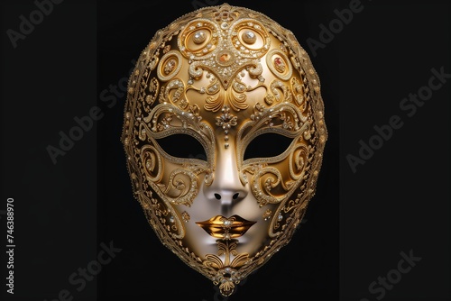 A Venetian carnival mask with intricate gold filigree and sparkling gemstones, set against a stark black background.