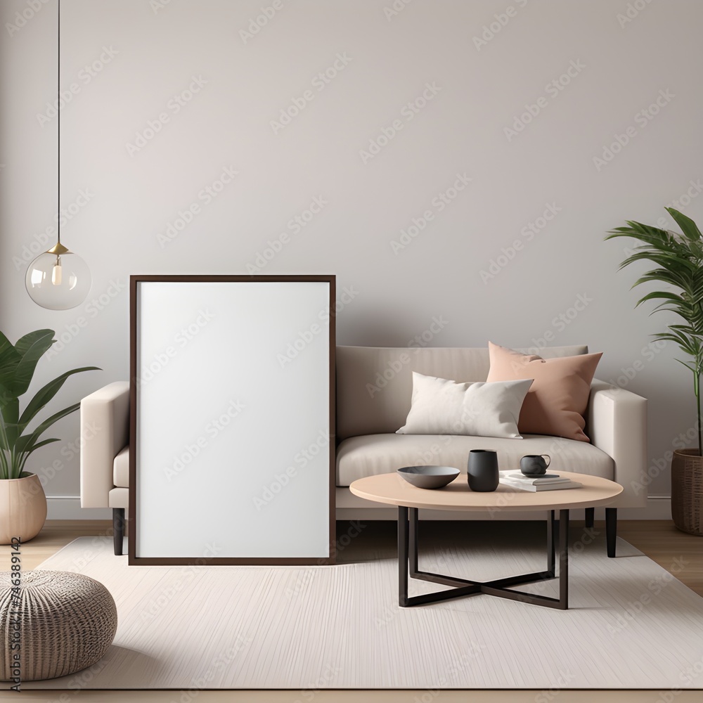Mockup poster frame leaning against a couch, interior mockup with house background Mockup poster frame leaning against a couch, interior mockup with house background