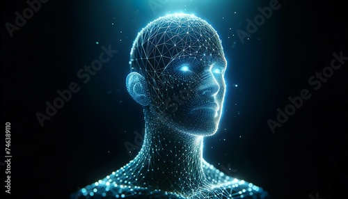 A futuristic digital wireframe model of a human head and shoulders with a glowing blue outline against a dark background, symbolizing advanced technology and intelligence.AI generated.