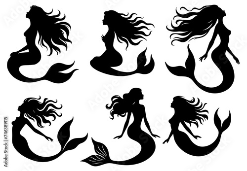 Vector illustration. Mermaid silhouette on a white background. Printable sticker. set of silhouettes.