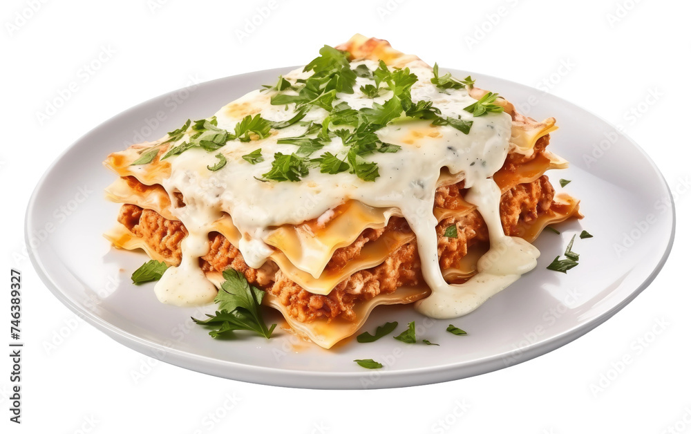 Delicious Lasagna Covered in Sauce and Cheese on a White Plate, topped with rich tomato sauce and gooey melted cheese. on a White or Clear Surface PNG Transparent Background. Delicious Lasagna Covered in Sauce and Cheese on a White Plate, topped with rich tomato sauce and gooey melted cheese. on a White or Clear Surface PNG Transparent Background.