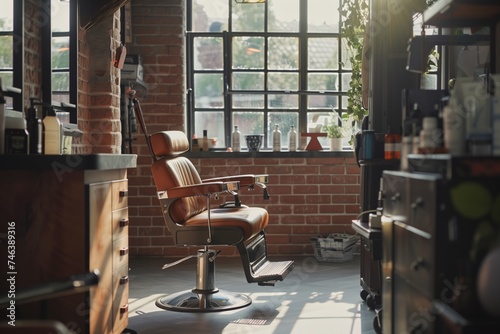 Interior of a classic barbershop. Barber shop for men photo