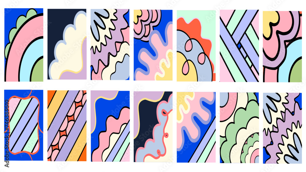 Set of colorful abstract art banners collection. A large bundle of eye-catching flat cartoon illustrations featuring simple basic freehand shapes. Childish artwork suitable for children 