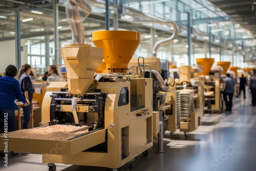 An immersive scene of a modern rice mill in operation, with machinery processing harvested rice grains, showcasing the integration of technology in the production