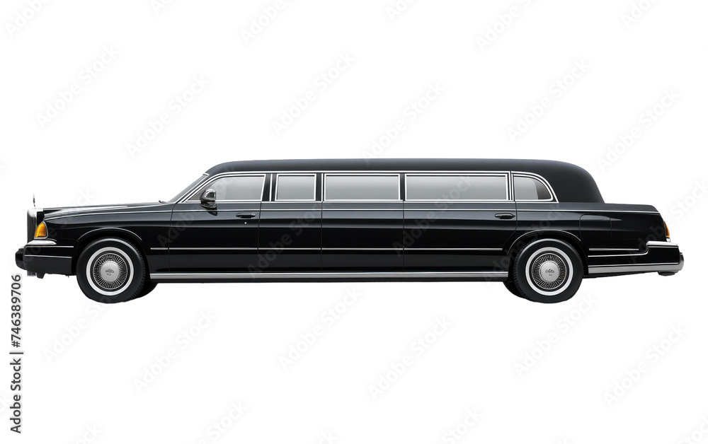 A black limousine is prominently displayed. The sleek vehicle exudes luxury and sophistication, with its shiny exterior and tinted windows. on a White or Clear Surface PNG Transparent Background.