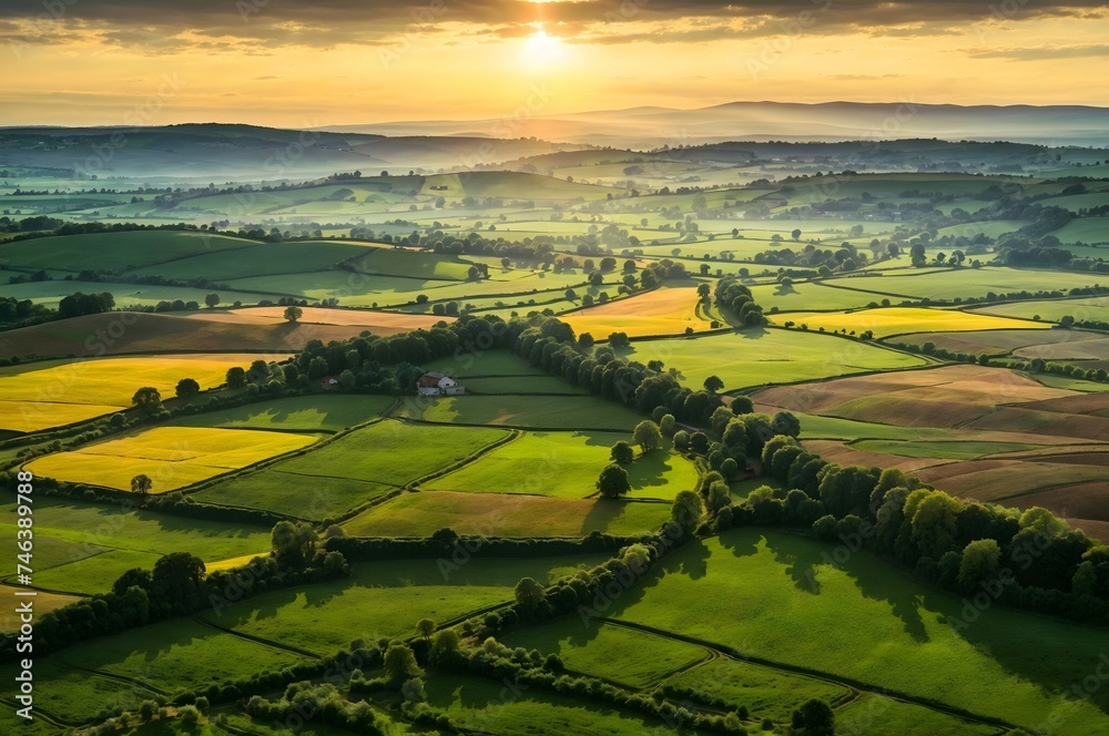 Aerial view of a countryside landscape at sunrise 