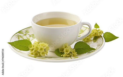 A Cup of Tea With Green Leaves on a Saucer. A ceramic cup filled with tea sits on a white saucer, adorned with fresh green leaves. on a White or Clear Surface PNG Transparent Background.